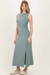 Sage Side Slit Ruched Sleeveless Midi Dress