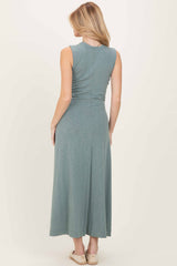 Sage Side Slit Ruched Sleeveless Midi Dress