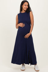 Navy Side Slit Ruched Sleeveless Maternity Midi Dress