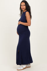 Navy Side Slit Ruched Sleeveless Maternity Midi Dress