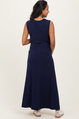 Navy Side Slit Ruched Sleeveless Maternity Midi Dress