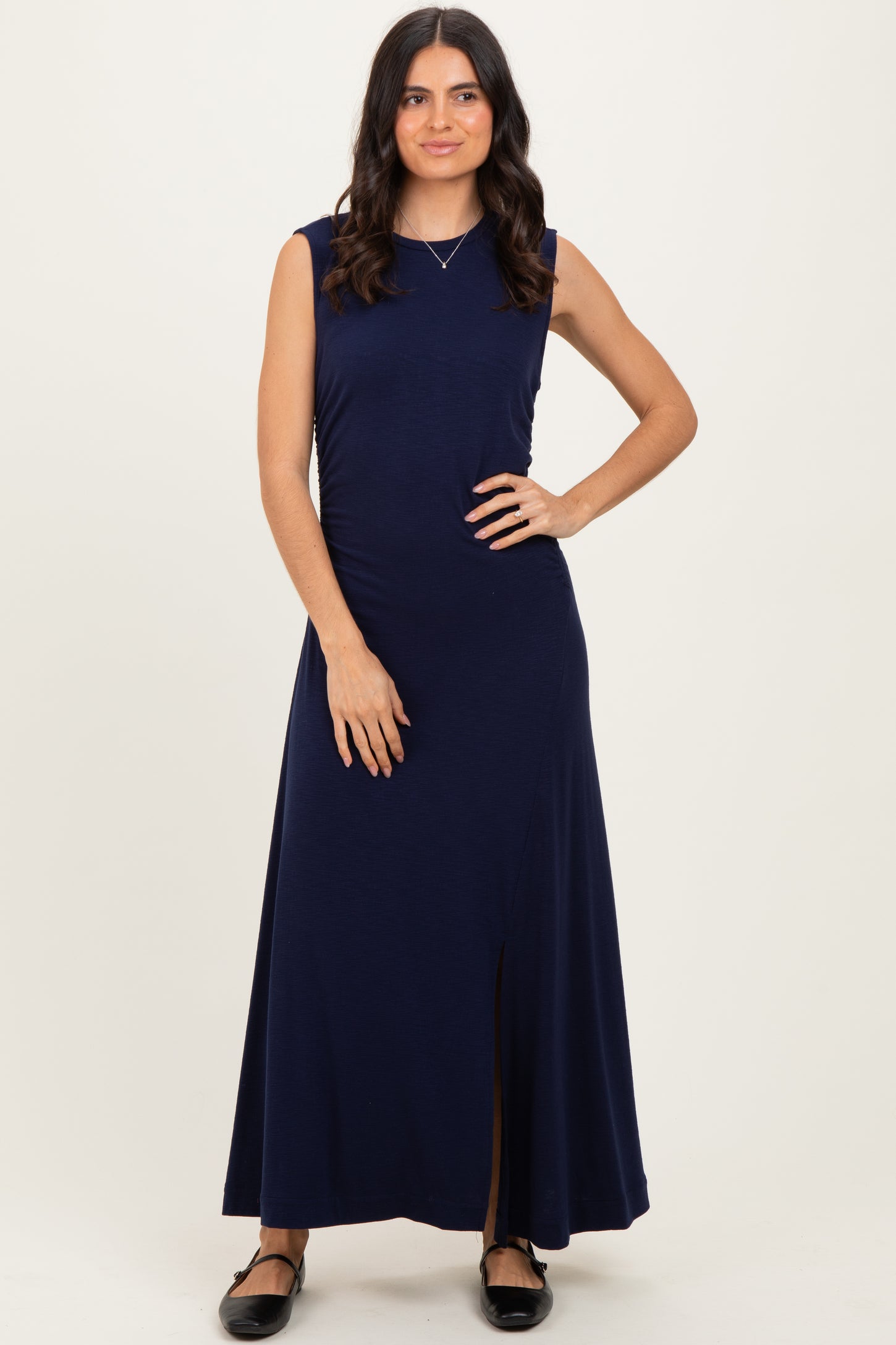 Navy Side Slit Ruched Sleeveless Maternity Midi Dress