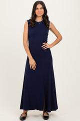 Navy Side Slit Ruched Sleeveless Maternity Midi Dress