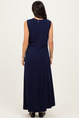 Navy Side Slit Ruched Sleeveless Midi Dress