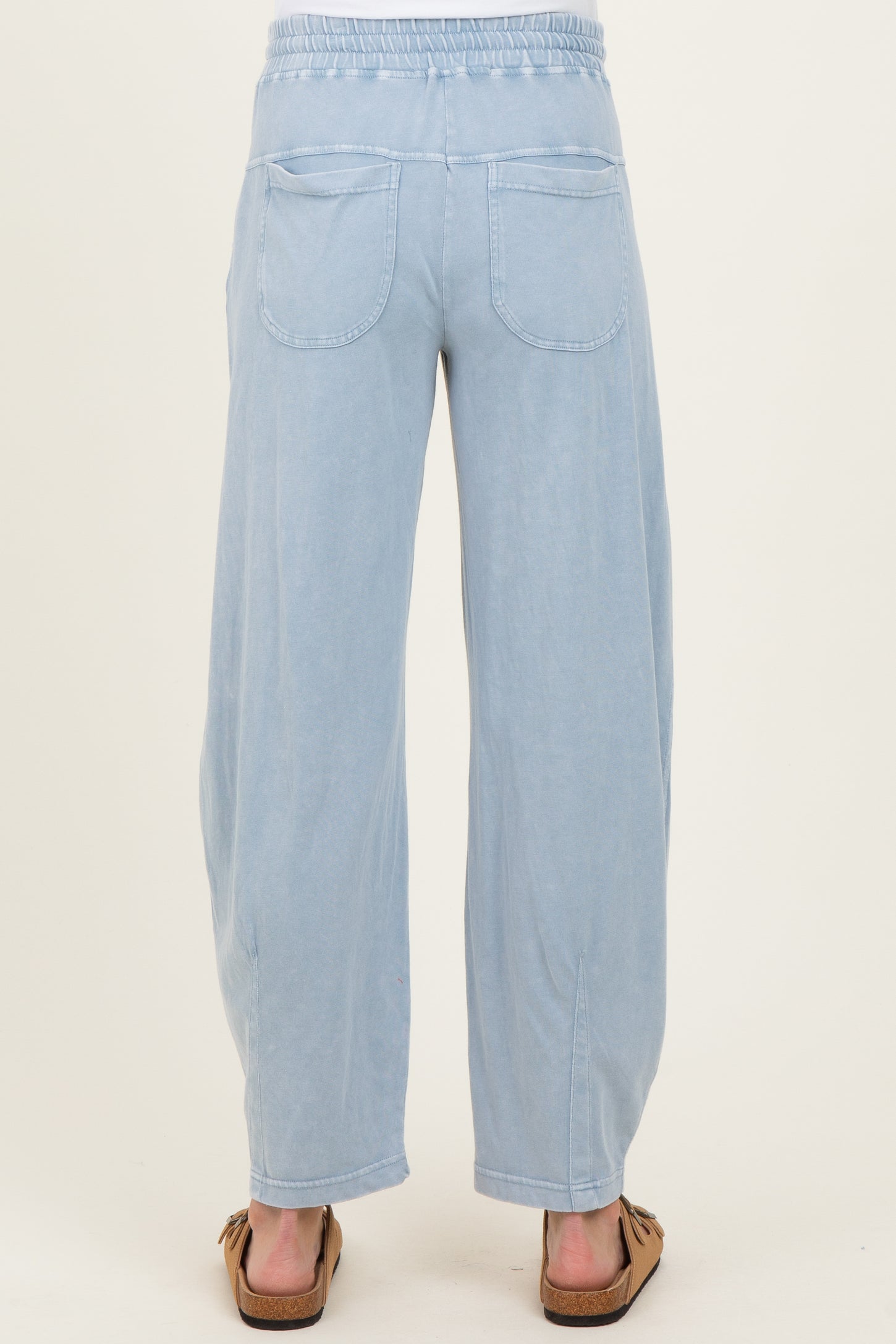 maternity wear light blue wide-leg pants with elastic waistband and back pockets, model shown from the back