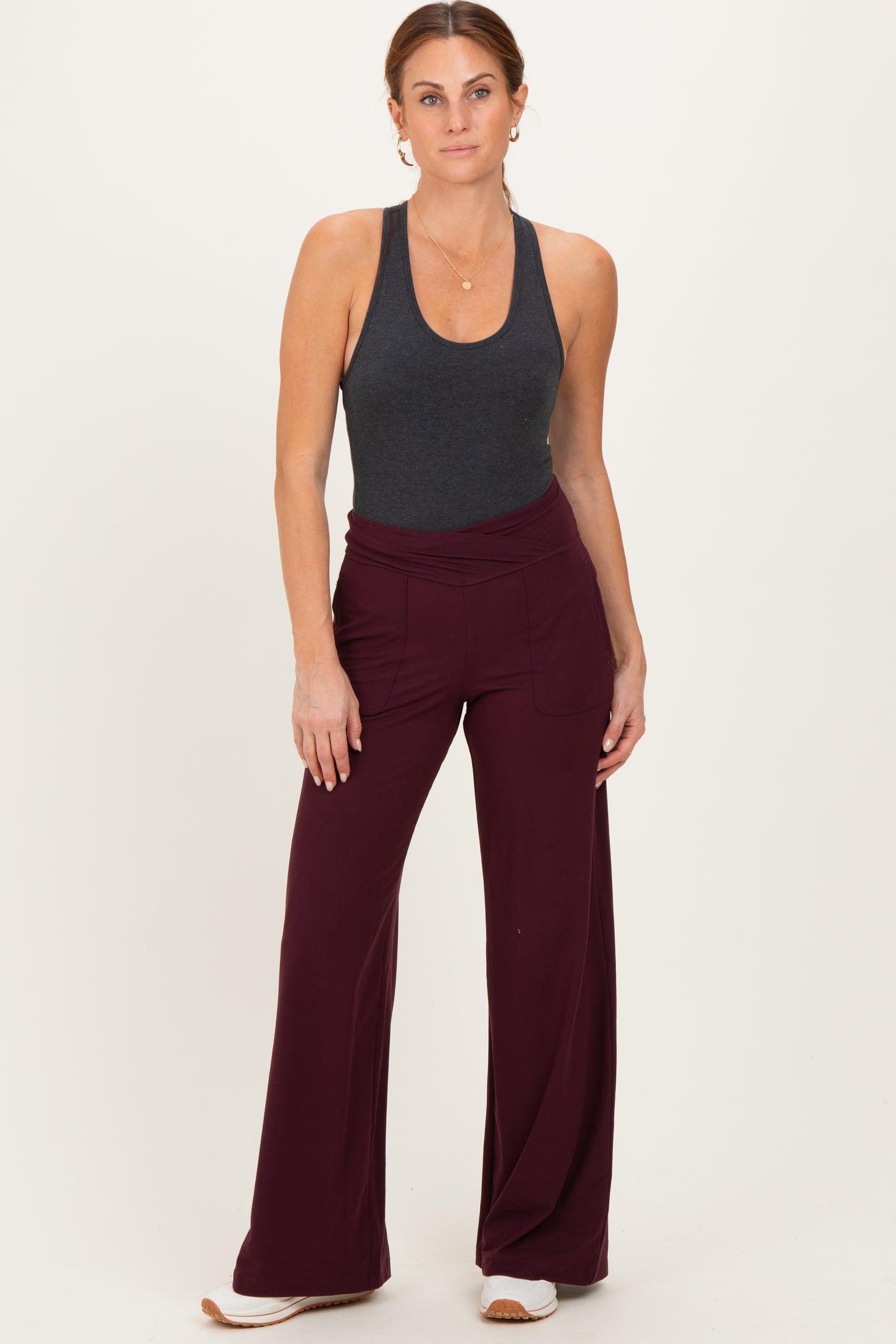 Wine Crossover Waist Active Wide Leg Pant