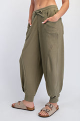 Olive Waffle Knit Raw Seam Joggers