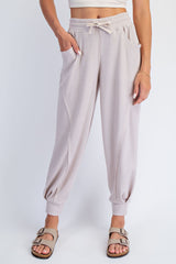 Beige Waffle Knit Raw Seam Joggers