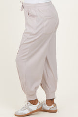 Beige Waffle Knit Raw Seam Maternity Joggers