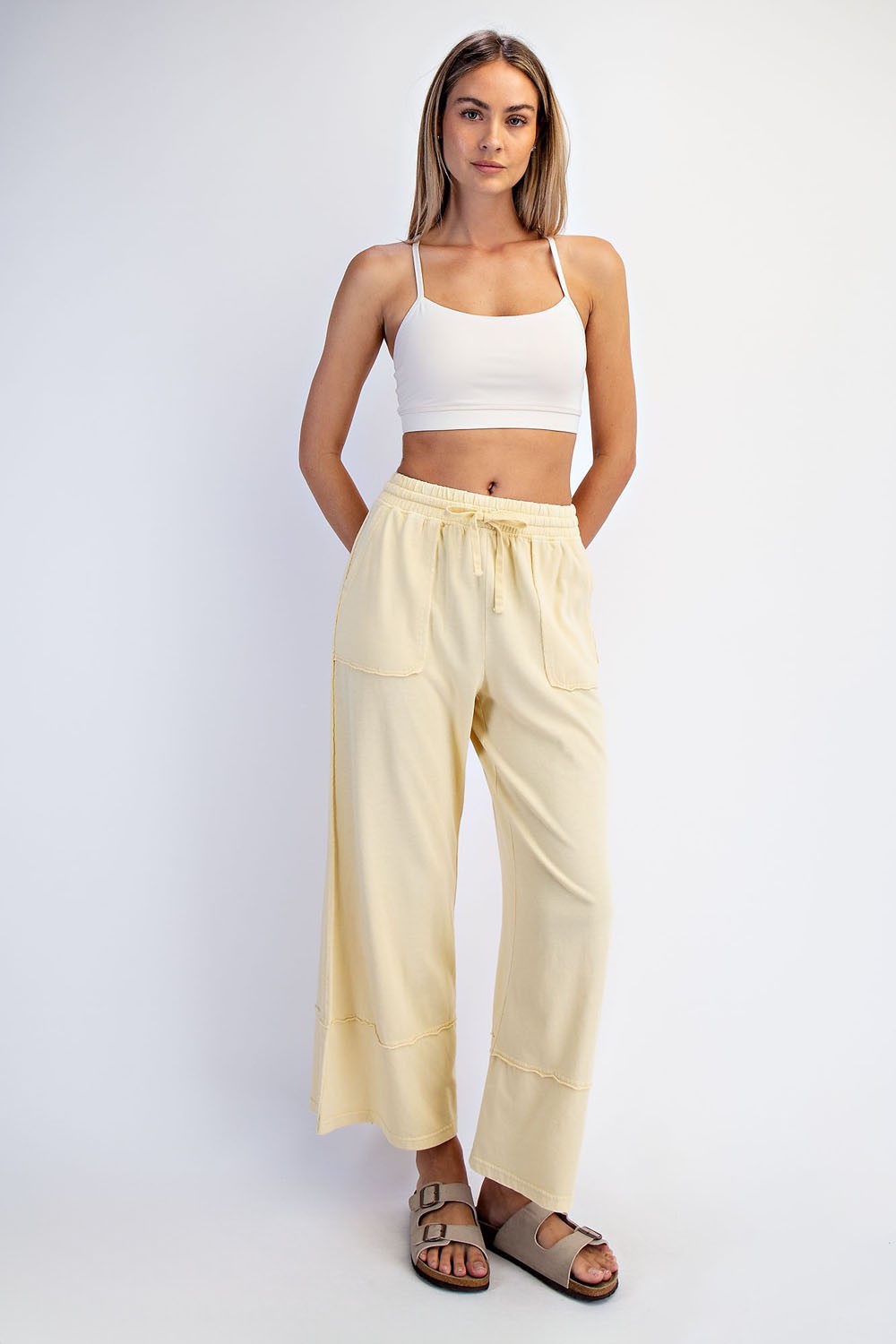 Yellow Mineral Wash Wide Leg Ankle Pants