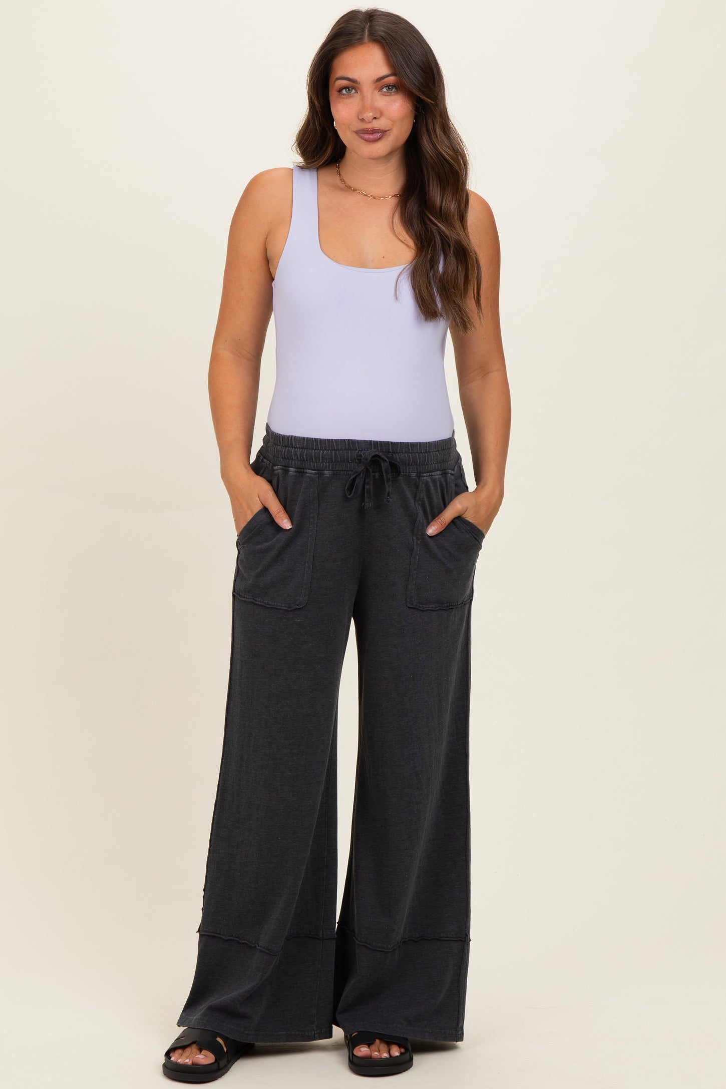 Black Mineral Wash Wide Leg Ankle Maternity Pants