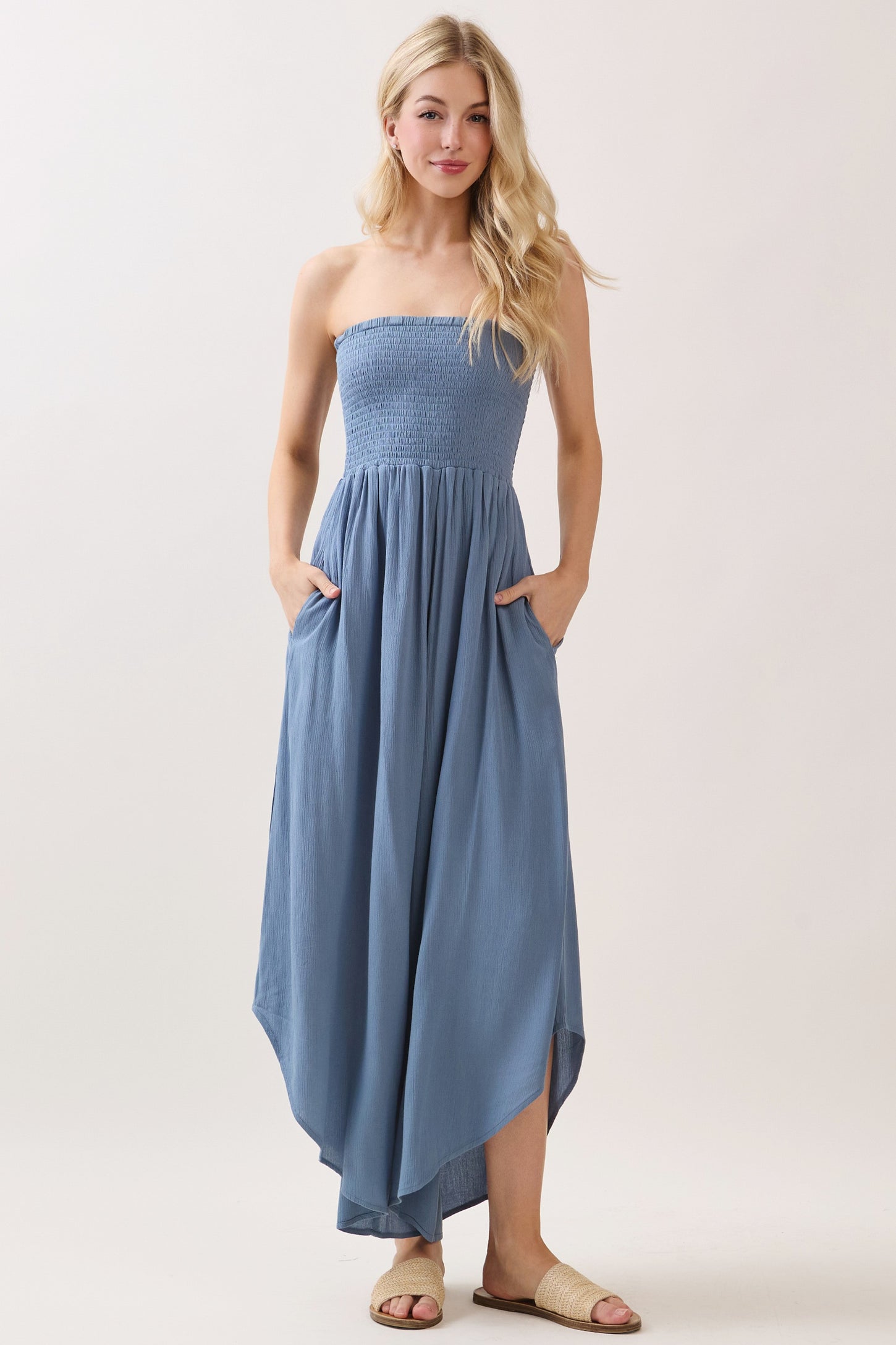 Blue Smocked Strapless Tulip Leg Jumpsuit