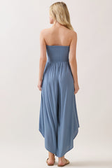 Blue Smocked Strapless Tulip Leg Jumpsuit