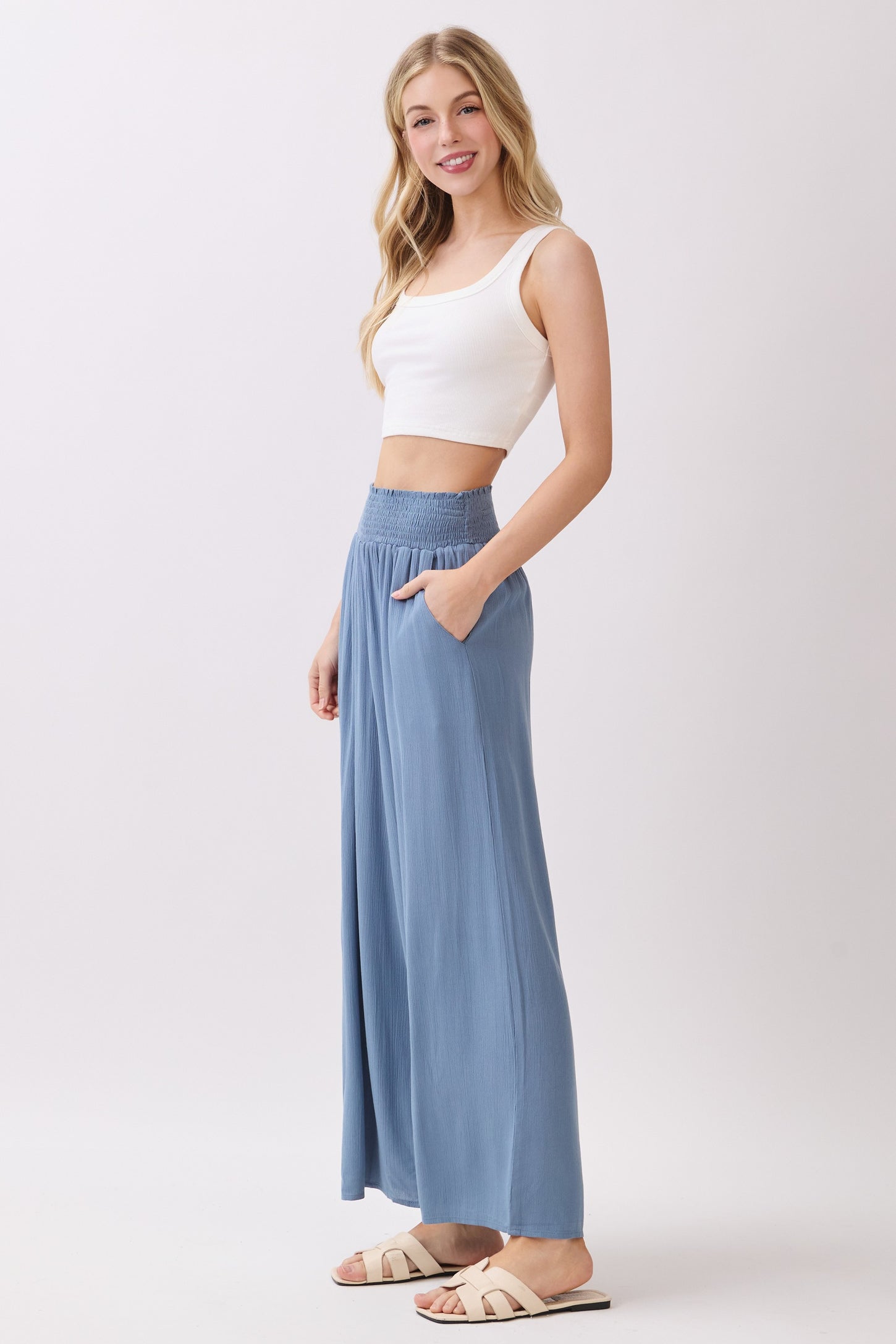 Light Blue Smocked Waist Ankle Wide Leg Pants