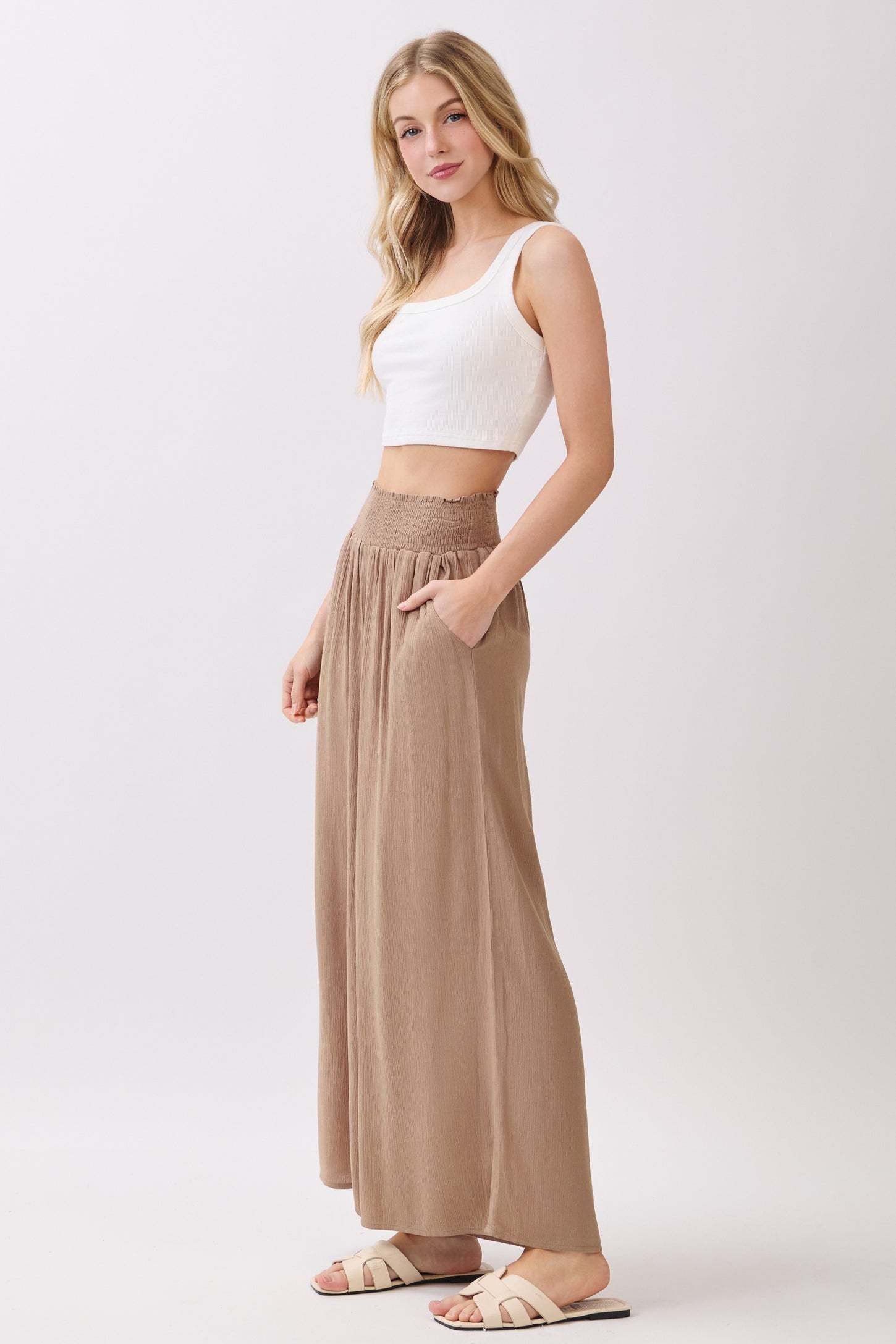 Camel Smocked Waist Ankle Wide Leg Pants