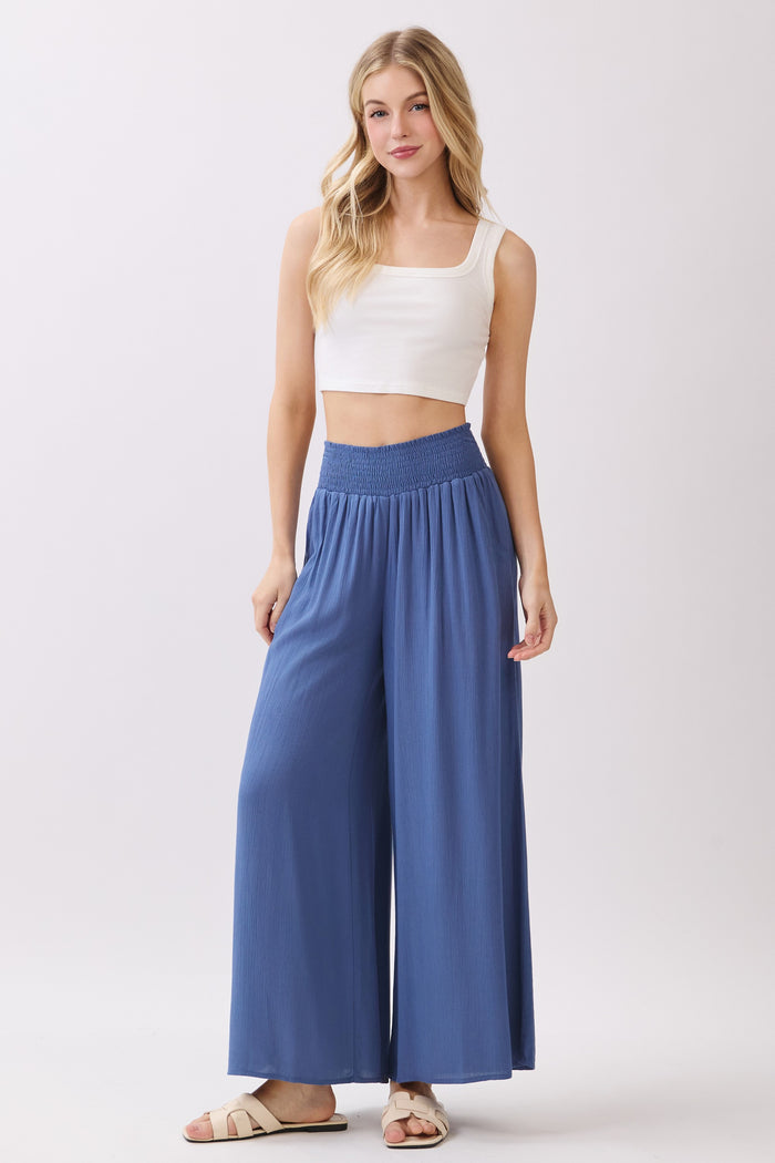 Blue Smocked Waist Ankle Wide Leg Maternity Pants