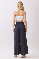 Navy Smocked Waist Ankle Wide Leg Pants