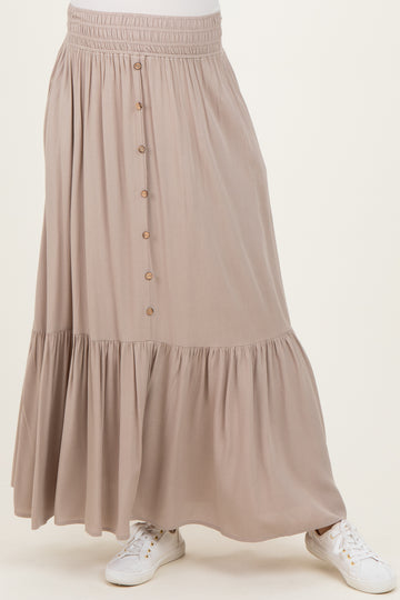 Sand Smocked Waist Button Detail Maternity Maxi Skirt