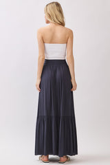 Navy Smocked Waist Button Detail Maxi Skirt