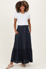 Navy Smocked Waist Button Detail Maternity Maxi Skirt