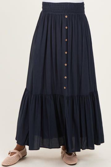 Navy Smocked Waist Button Detail Maternity Maxi Skirt