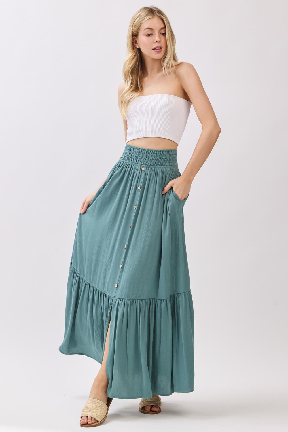Turquoise Smocked Waist Button Detail Maxi Skirt