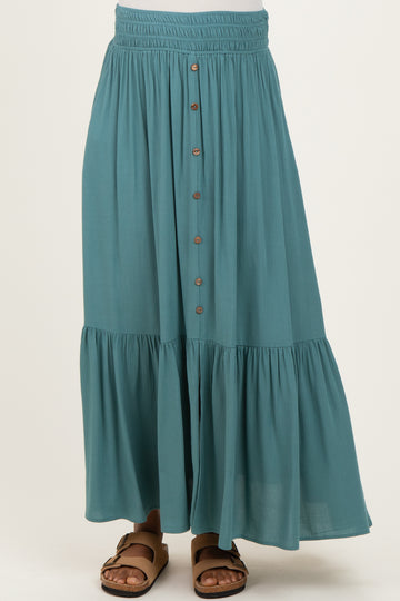 Turquoise Smocked Waist Button Detail Maternity Maxi Skirt