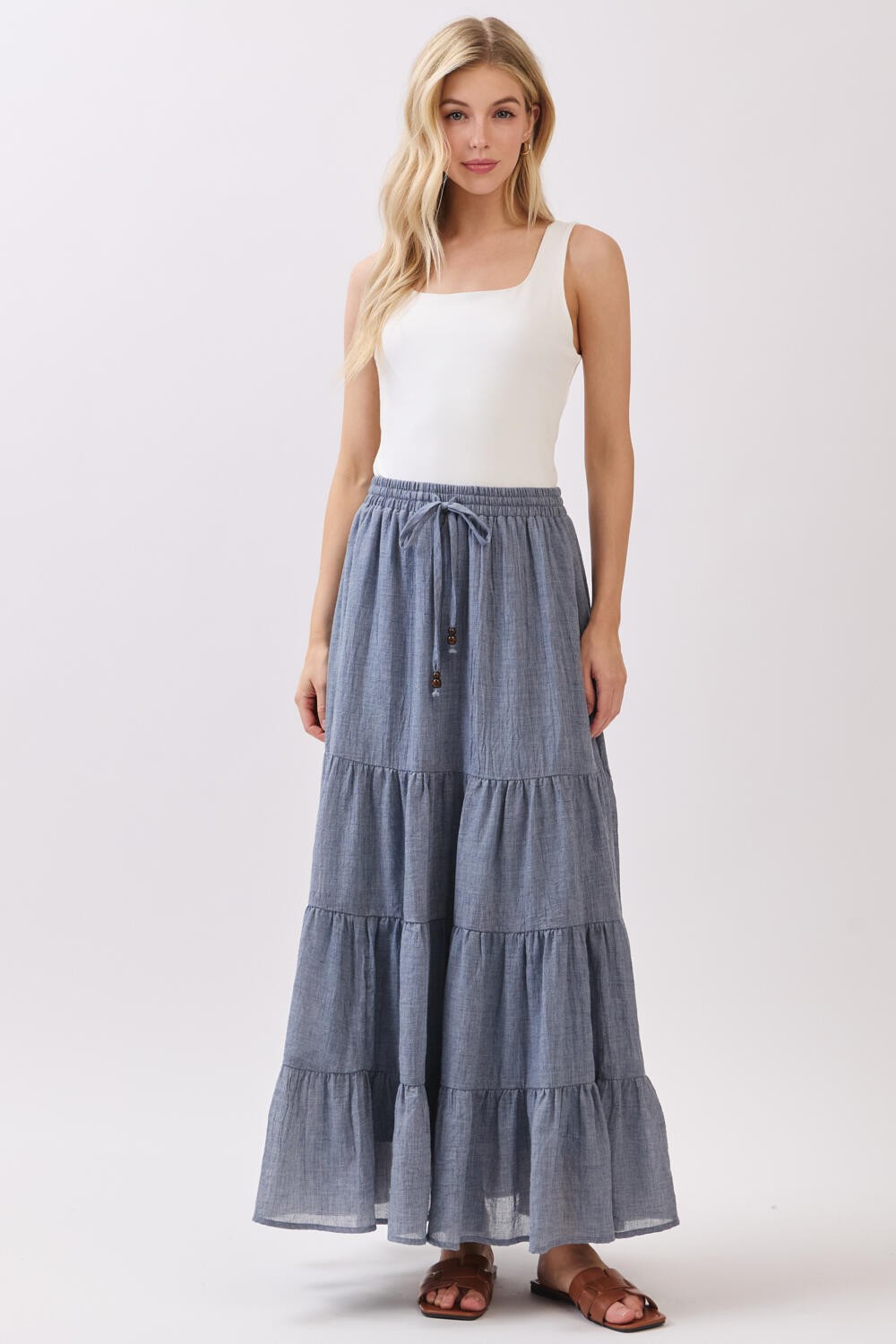 Denim Blue Tiered Drawstring Maxi Skirt