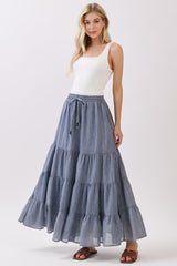 Denim Blue Tiered Drawstring Maxi Skirt