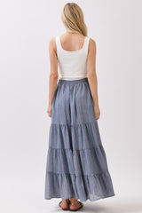 Denim Blue Tiered Drawstring Maxi Skirt