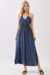 Navy Halter Neck Side Slit Maternity Midi Dress