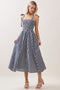 Navy Gingham Smocked Shoulder Tie Midi Dress
