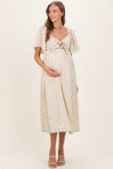 Butter Yellow Floral Tie Front Flutter Sleeve Maternity Midi Dress
