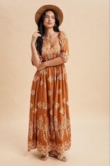 Amber Damask Print Short Sleeve Maxi Dress