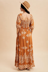 Amber Damask Print Short Sleeve Maxi Dress