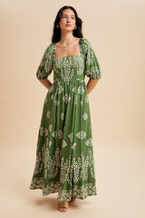 Green Damask Print Short Sleeve Maxi Dress