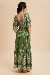 Green Damask Print Short Sleeve Maxi Dress
