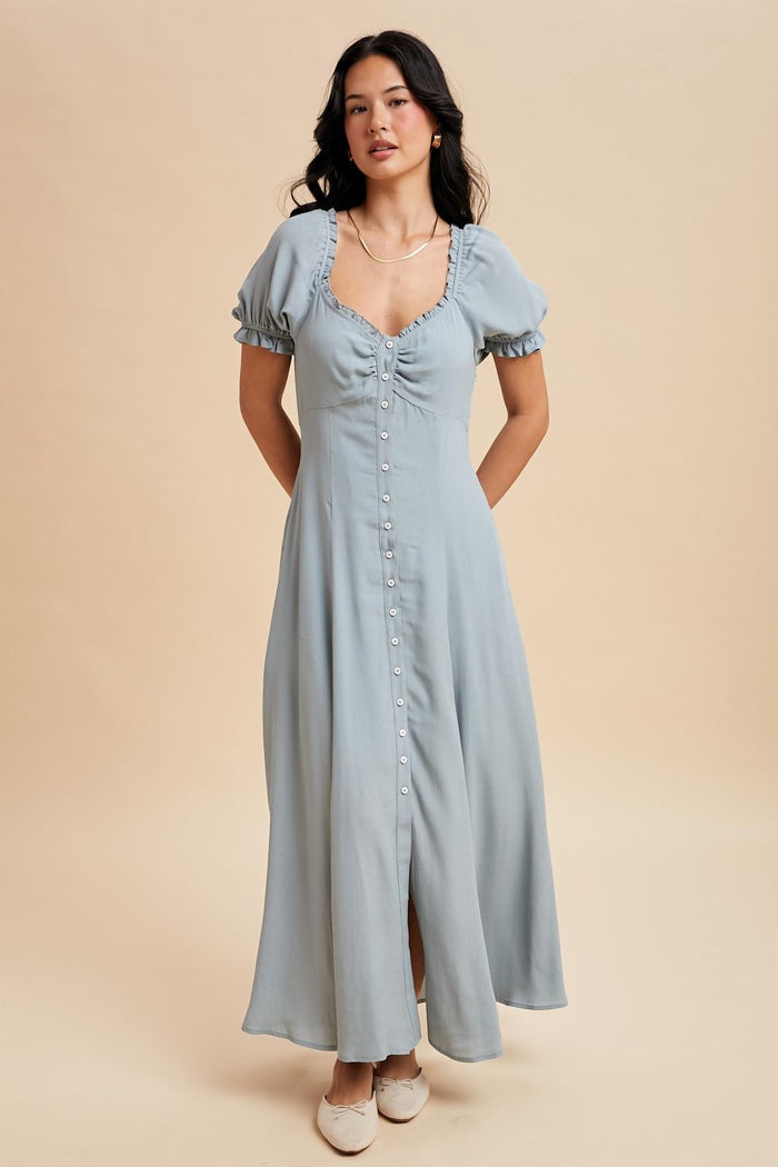 Dusty Blue Button Down Ruffle Trim Maxi Dress