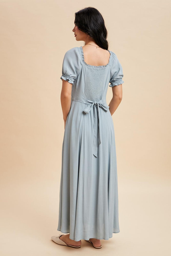 Dusty Blue Button Down Ruffle Trim Maxi Dress