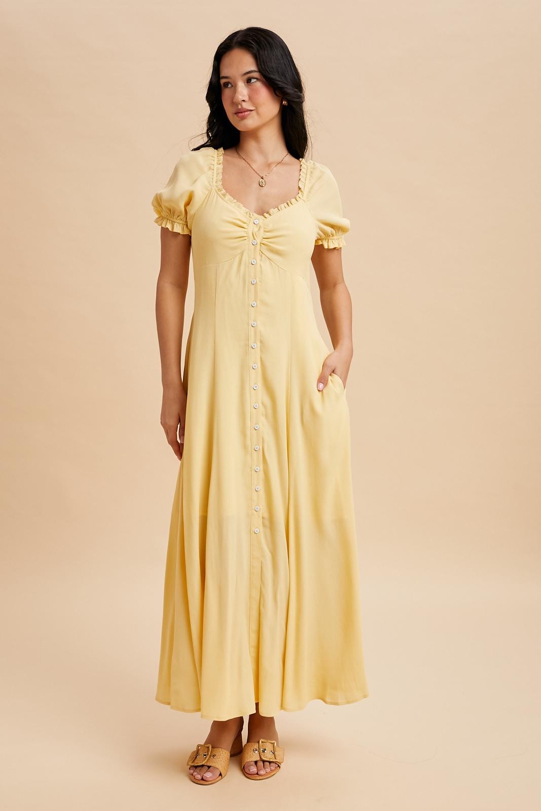 Lemon Button Down Ruffle Trim Maxi Dress
