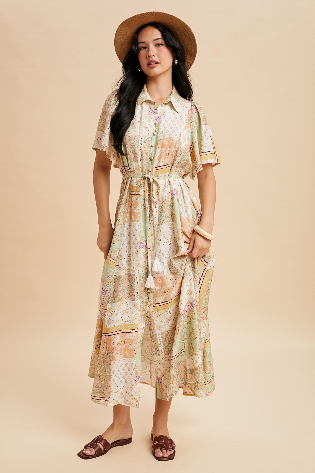 Multicolor Patchwork Print Button Down Maxi Dress