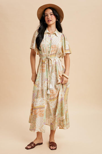 Multicolor Patchwork Print Button Down Maxi Dress