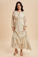 Cream Floral Chiffon Ruffle Detail Maxi Dress