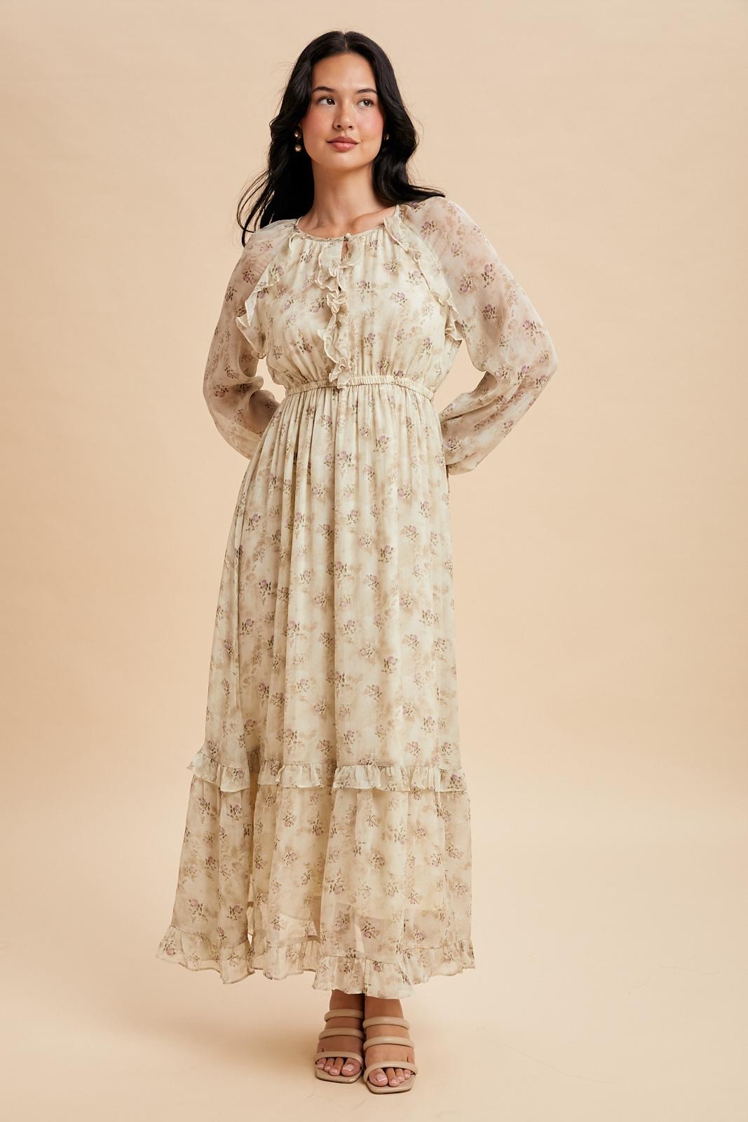Cream Floral Chiffon Ruffle Detail Maxi Dress