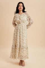 Cream Floral Chiffon Ruffle Detail Maxi Dress