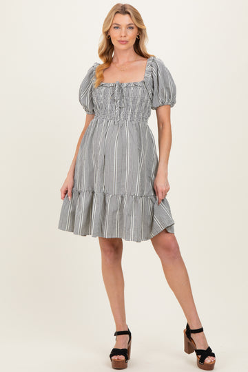 Black Gingham Smocked Ruffled Puff Sleeve Maternity Dress