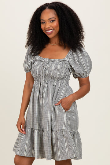 Black Gingham Smocked Ruffled Puff Sleeve Dress
