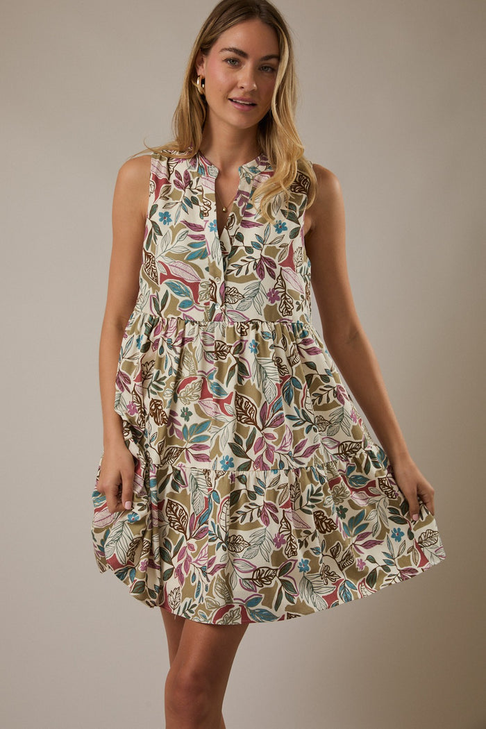 Multicolor Leaf Print Sleeveless Tiered Maternity Dress