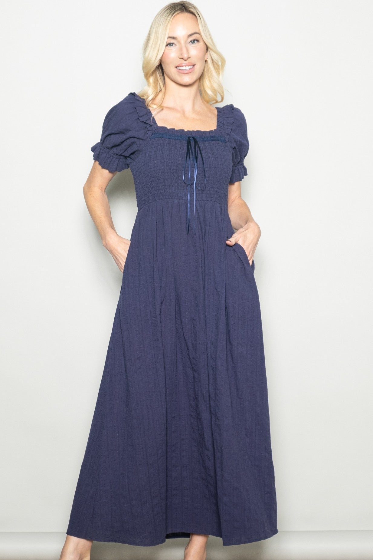 Navy Smocked Ruffle Accent Ribbon Tie Maternity Maxi Dress