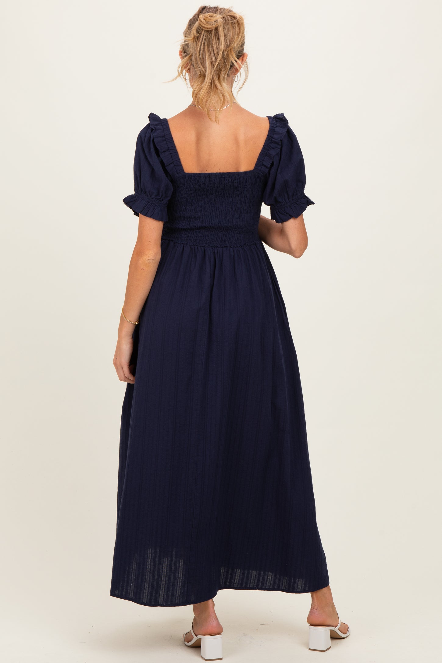 Navy Smocked Ruffle Accent Ribbon Tie Maternity Maxi Dress